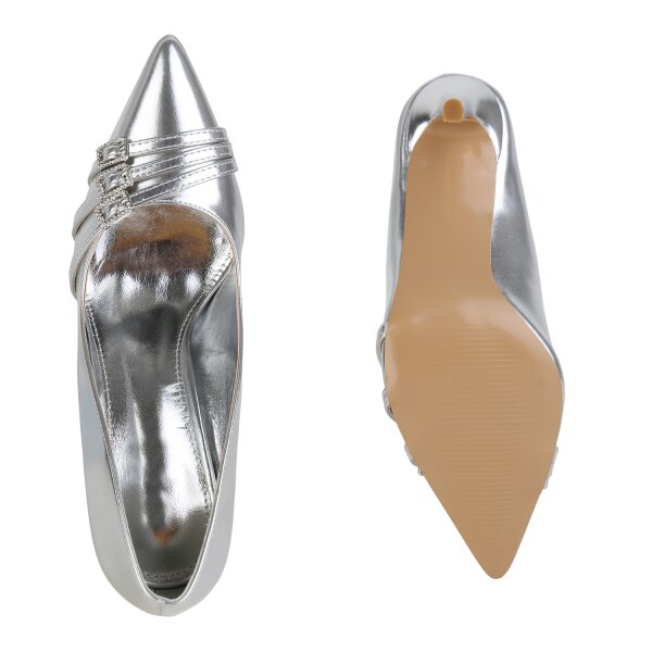 Stiefelparadies Damen Spitze Pumps in Silber Neueste Stile