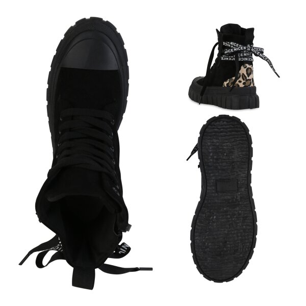Stiefelparadies Damen Plateau Sneaker in Schwarz Leo Saisonschlussverkauf