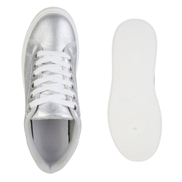 Stiefelparadies Damen Plateau Sneaker in Silber 50% Rabatt mit kostenlosem Versand