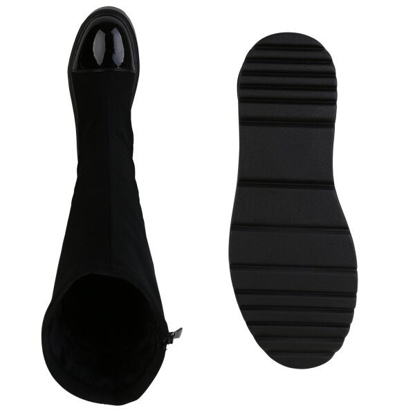 Stiefelparadies Damen Keilstiefel in Schwarz Lack Fabrik Onlineshop