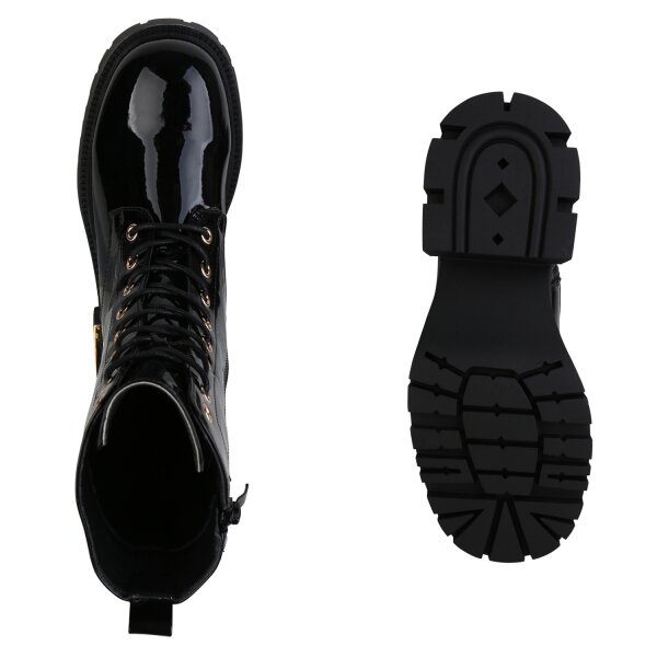 Stiefelparadies Damen Plateau Boots in Schwarz Lack Osterangebot