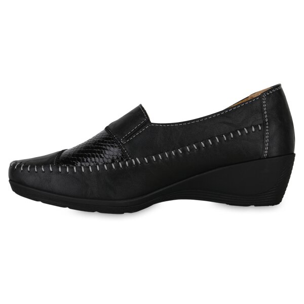 Stiefelparadies Damen Keilslippers in Schwarz Lack Riesige Rabatte