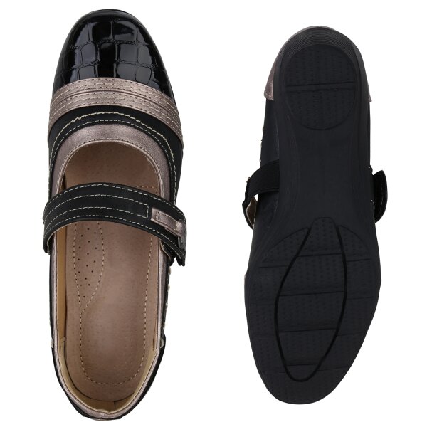Stiefelparadies Damen Mary Janes in Schwarz Grau Lack Metallic Fabrikverkauf