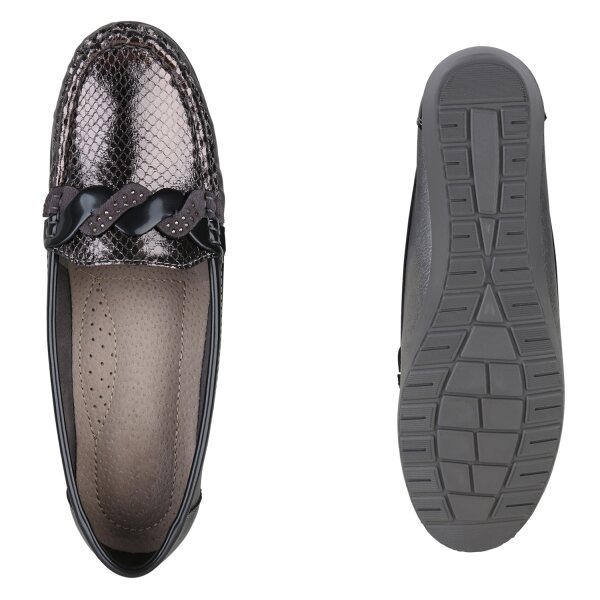 Stiefelparadies Damen Mokassins in Grau Silber Lack Sonderangebot