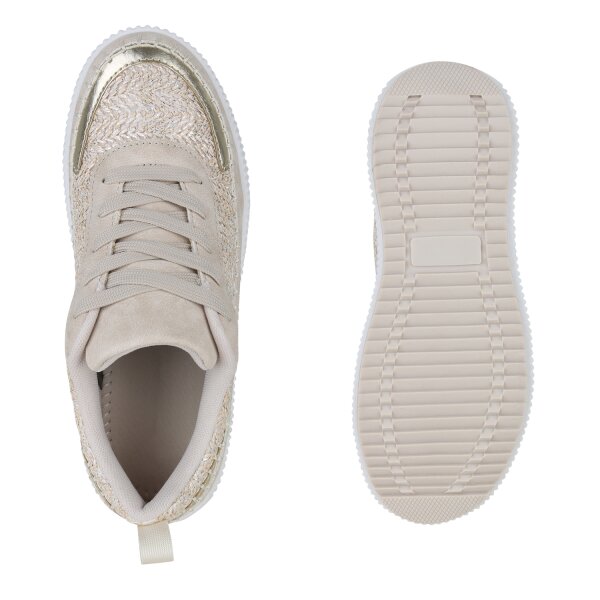 Stiefelparadies Damen Plateau Sneaker in Beige Metallic JETZT KAUFEN