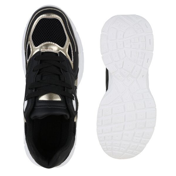 Stiefelparadies Damen Plateau Sneaker in Schwarz Gold Metallic Nur für heute