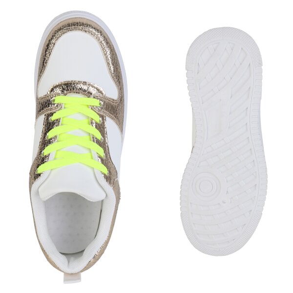 Stiefelparadies Damen Plateau Sneaker in Weiss Gold Snake Vierteljährliche Förderung