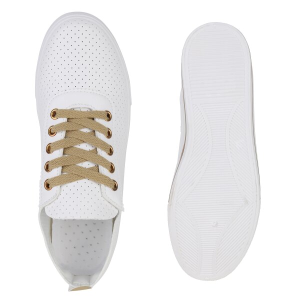 Stiefelparadies Damen Sneaker Low in Weiss Gold Valentinstagsangebot