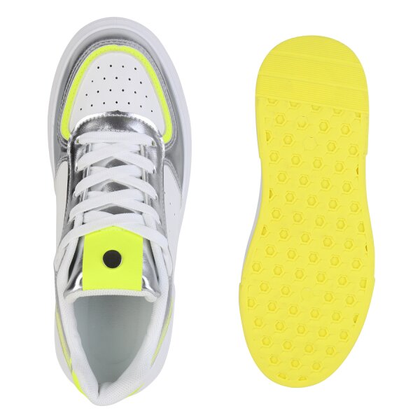 Stiefelparadies Damen Sneaker Low in Weiss Silber Metallic Jubiläumsangebot