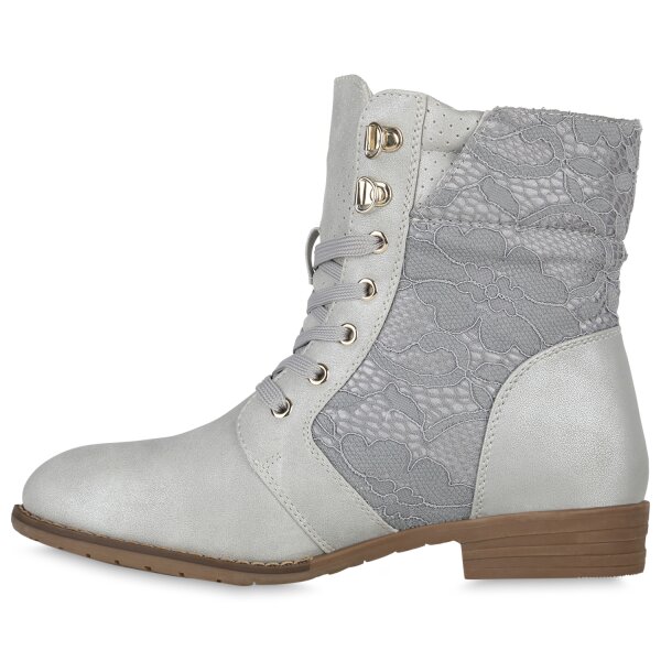 Stiefelparadies Damen Schnürstiefeletten in Silber Letzte 2 Tage