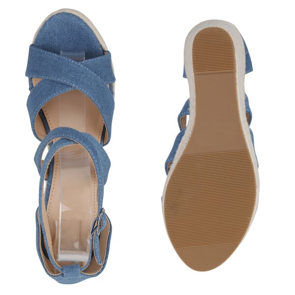 Stiefelparadies Damen Plateau Sandaletten in Blau Denim Neueste Stile