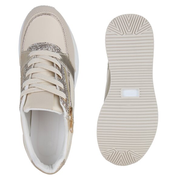 Stiefelparadies Damen Plateau Sneaker in Beige Gold Metallic Bis zu 65% Rabatt