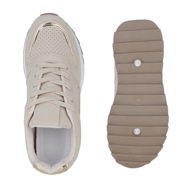 Stiefelparadies Damen Plateau Sneaker in Beige Gold Metallic Nur für heute