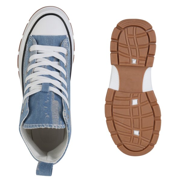 Stiefelparadies Damen Plateau Sneaker in Hellblau Denim Vierteljährliche Förderung