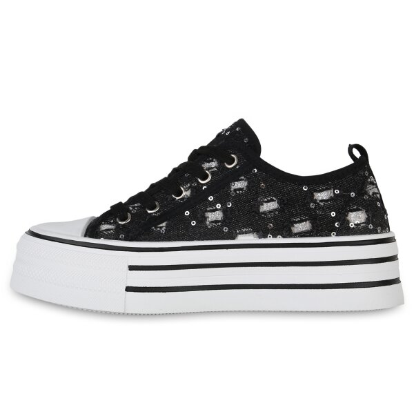 Stiefelparadies Damen Plateau Sneaker in Schwarz Denim 50% Rabatt mit kostenlosem Versand