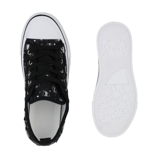Stiefelparadies Damen Plateau Sneaker in Schwarz Denim 50% Rabatt mit kostenlosem Versand