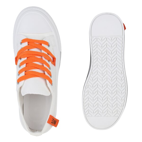 Stiefelparadies Damen Sneaker Low in Weiss Orange Preisnachlass