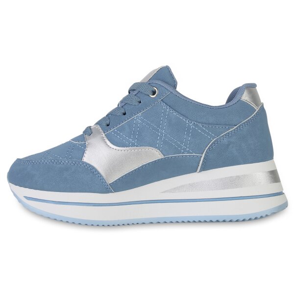 Stiefelparadies Damen Sneaker Wedges in Blau Silber Metallic Cyber Monday
