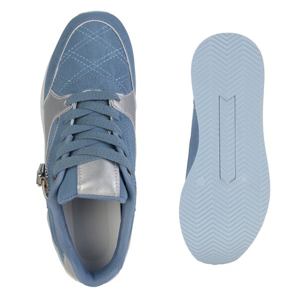 Stiefelparadies Damen Sneaker Wedges in Blau Silber Metallic Cyber Monday