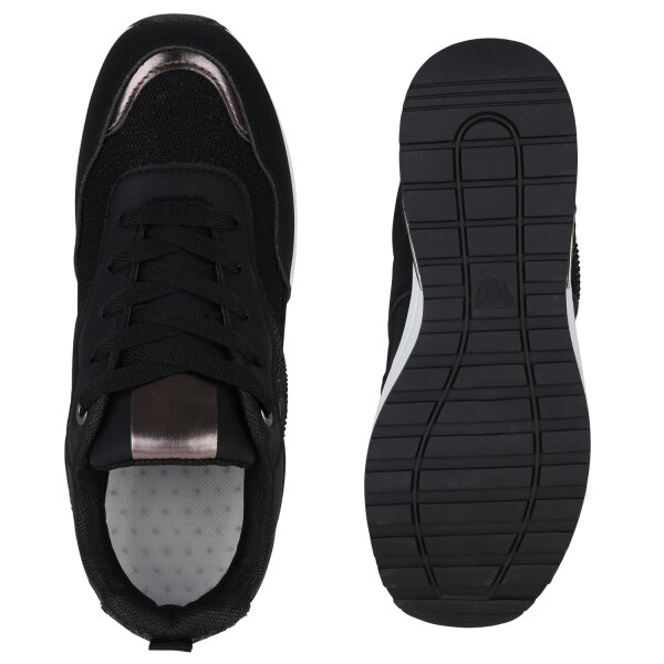 Stiefelparadies Damen Sneaker Wedges in Schwarz Grau Metallic Weihnachtsangebot