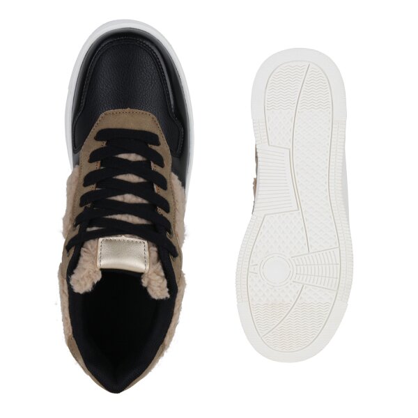 Stiefelparadies Damen Plateau Sneaker in Schwarz Beige Gold Metallic Räumungsverkauf