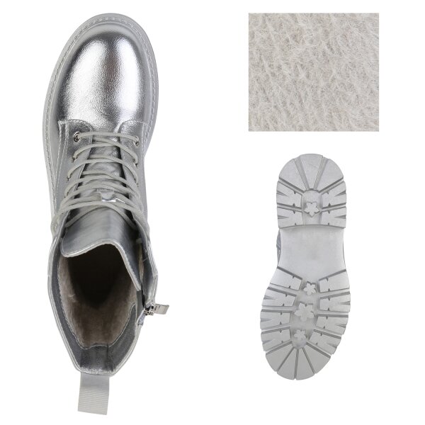 Stiefelparadies Damen Plateau Boots in Silber Letzter Tag