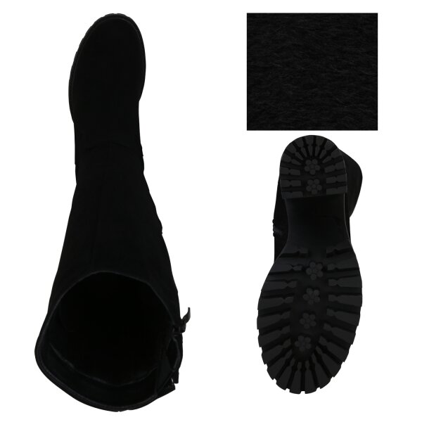 Stiefelparadies Damen Klassische Stiefel in Schwarz Velours Schlussverkauf