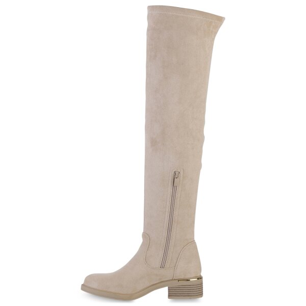Stiefelparadies Damen Overknees in Beige Velours Fabrik Onlineshop