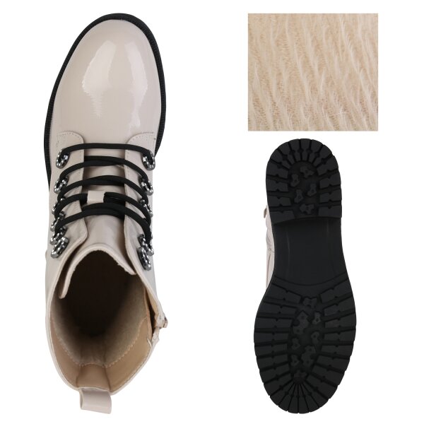Stiefelparadies Damen Schnürstiefeletten in Beige Lack Muttertagsangebot