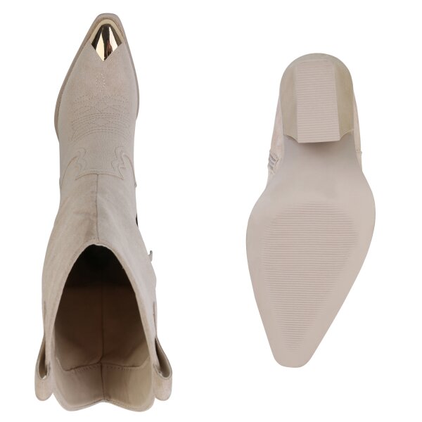 Stiefelparadies Damen Cowboystiefel in Beige Velours Vatertagsangebot