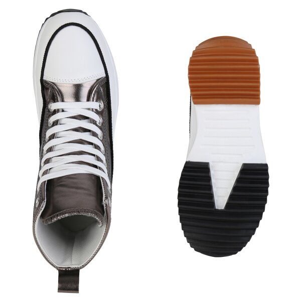 Stiefelparadies Damen Plateau Sneaker in Grau Metallic Kauf eins, bekomm eins gratis