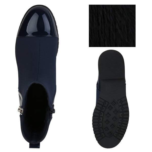 Stiefelparadies Damen Klassische Stiefeletten in Dunkelblau Lack Nur für heute