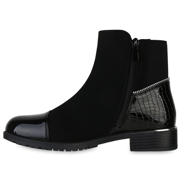 Stiefelparadies Damen Klassische Stiefeletten in Schwarz Kroko Lack Sonderangebot der Fabrik