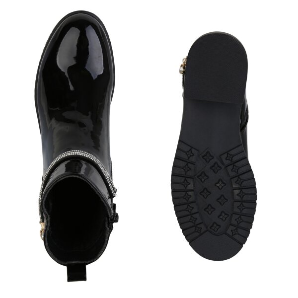 Stiefelparadies Damen Klassische Stiefeletten in Schwarz PU Lack Bis zu 55% Rabatt