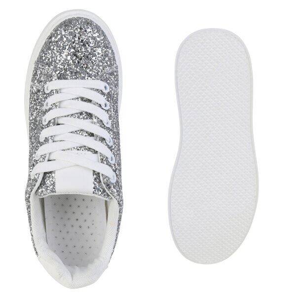 Stiefelparadies Damen Plateau Sneaker in Silber Nur noch ein Tag übrig