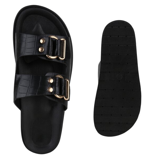 Stiefelparadies Damen Pantoletten in Schwarz Kroko Fabrikverkauf