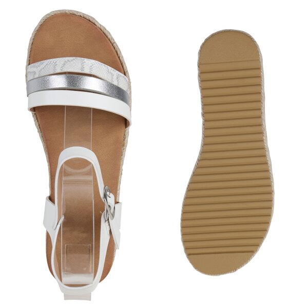 Stiefelparadies Damen Plateau Sandaletten in Weiss Silber Metallic Snake Blitzverkäufe