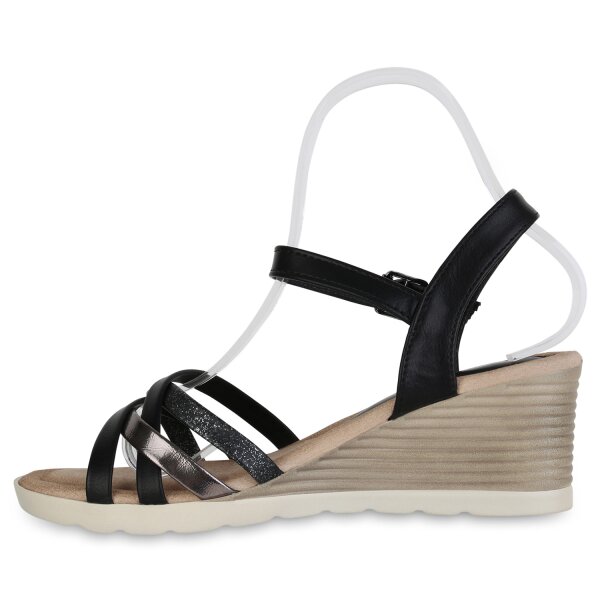 Stiefelparadies Damen Keilsandaletten in Schwarz Silber Metallic Tiefpreis