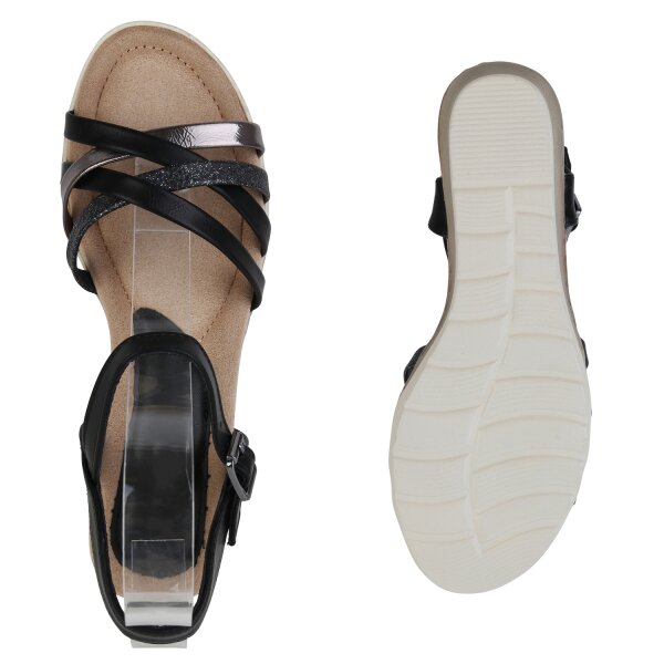 Stiefelparadies Damen Keilsandaletten in Schwarz Silber Metallic Tiefpreis