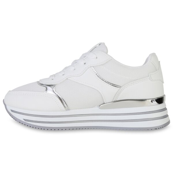 Stiefelparadies Damen Plateau Sneaker in Weiss Silber Metallic Im Verkauf