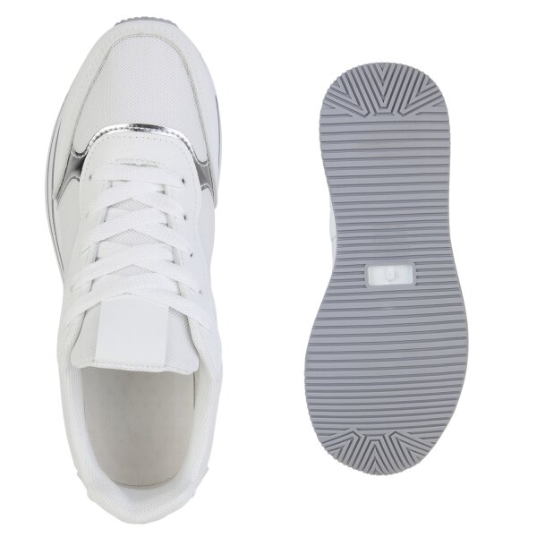 Stiefelparadies Damen Plateau Sneaker in Weiss Silber Metallic Im Verkauf