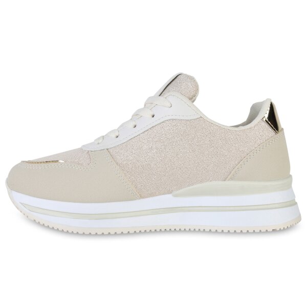 Stiefelparadies Damen Plateau Sneaker in Beige Gold Metallic Fabrik Onlineshop