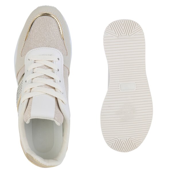 Stiefelparadies Damen Plateau Sneaker in Beige Gold Metallic Fabrik Onlineshop