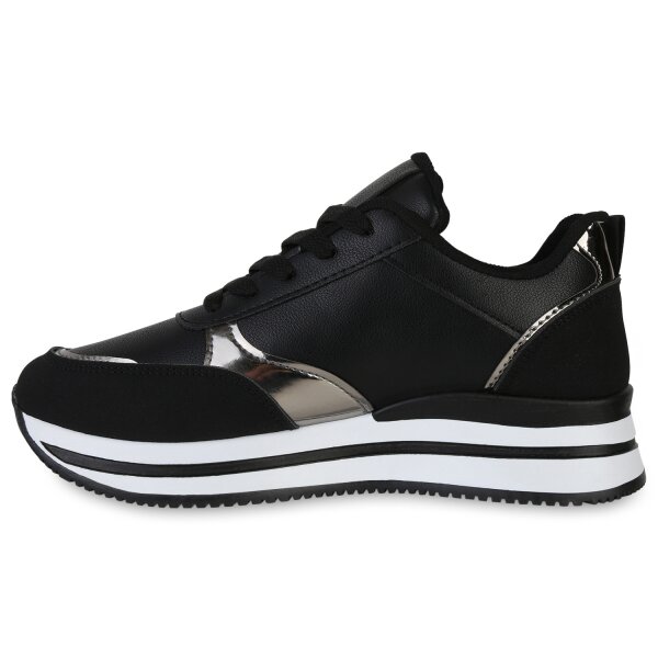 Stiefelparadies Damen Plateau Sneaker in Schwarz Silber Metallic Fabrikpreis