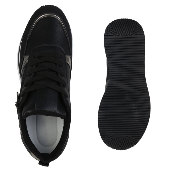 Stiefelparadies Damen Plateau Sneaker in Schwarz Silber Metallic Fabrikpreis