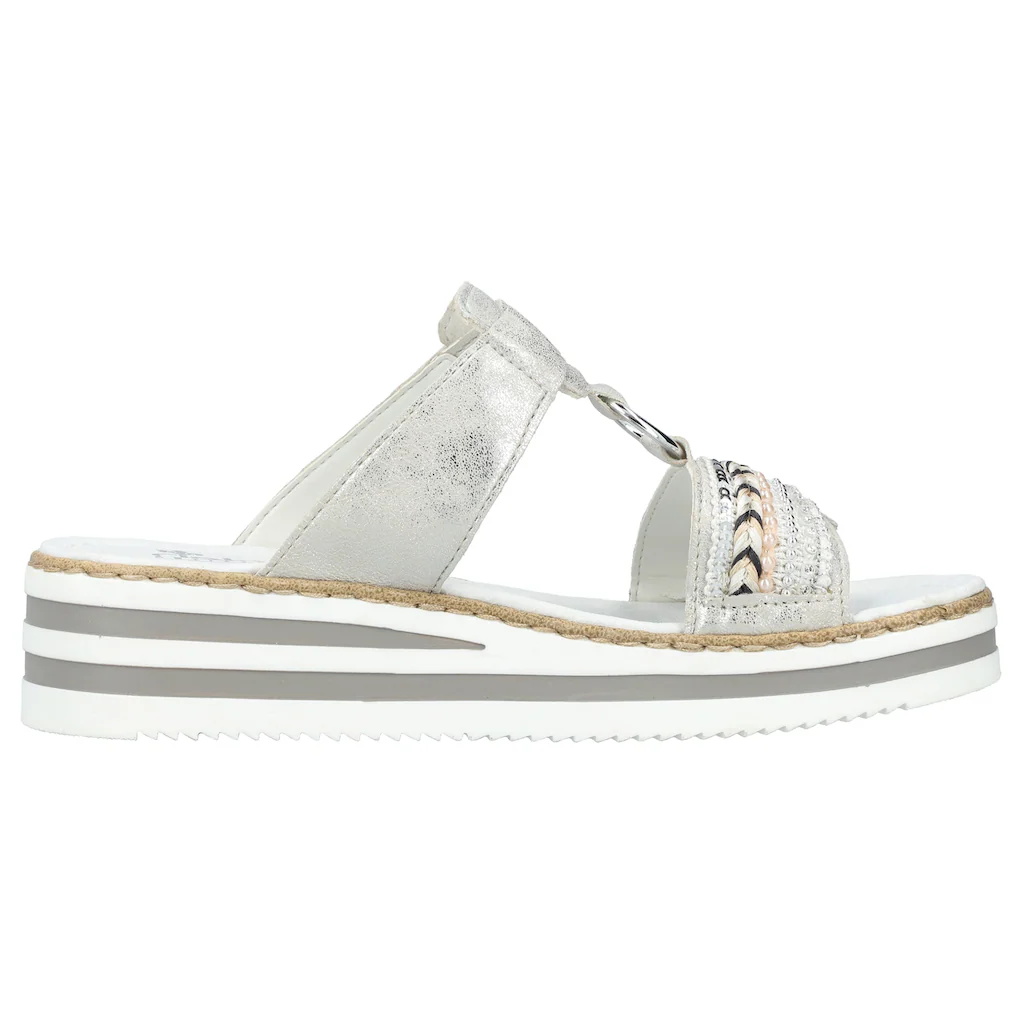 Rieker Pantolette Plateau Sommerschuh Schlappen mit Zierperlen und Pailetten bestellen Neuheiten