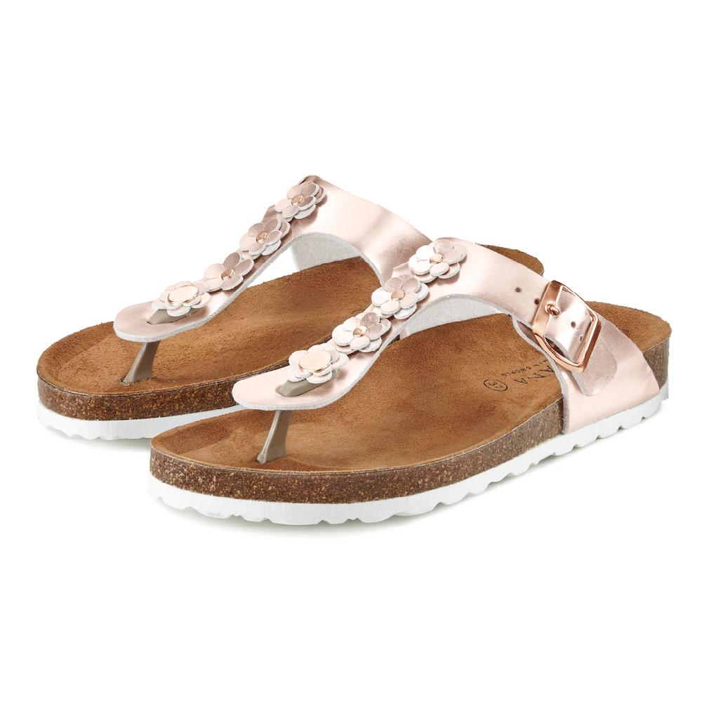 LASCANA Zehentrenner Sandale Pantolette mit modischer Applikation und Korkfußbett ▷ für Sonderangebot