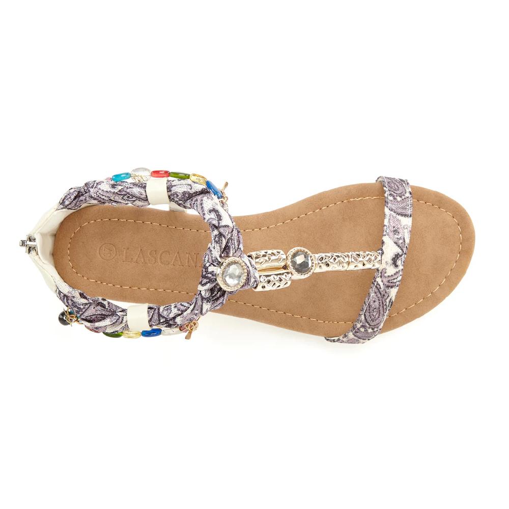 LASCANA Sandale Sandalette Sommerschuh mit Schmuckkettchen und Schmucksteinen VEGAN Speichern exportieren